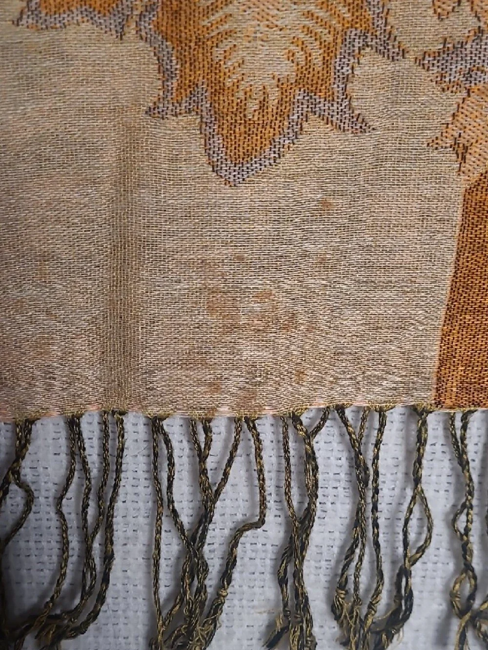 Reversible Ochre Floral Woven Shawl Scarf Fringe Wrap
